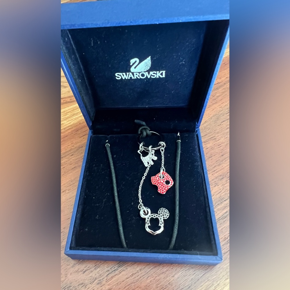 Swarovski Mickey Mouse Necklace Cord Lariat Ears Pants Glove Red White Black 19